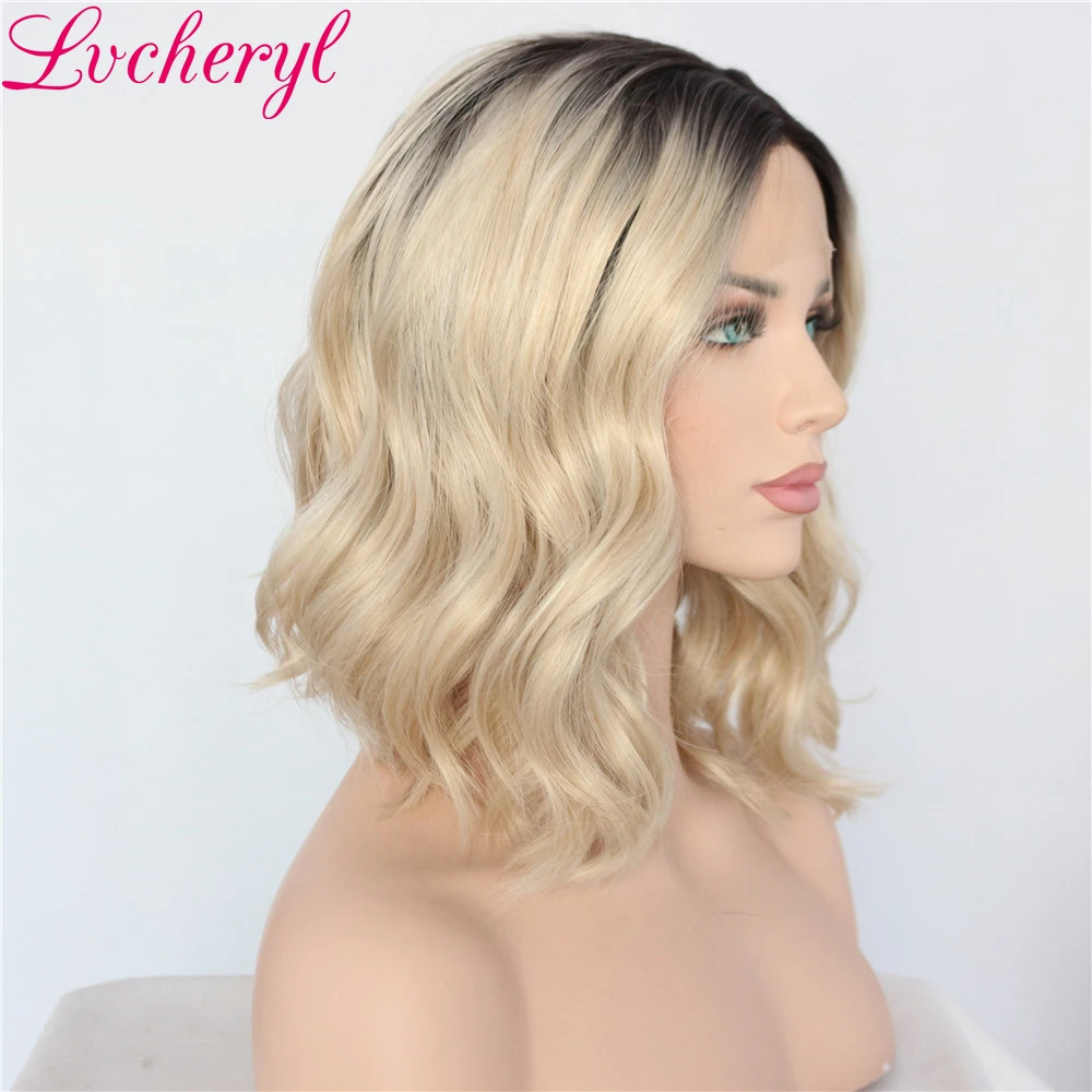 

Lvcheryl Ombre Dark Roots To Blonde Short Bob Wavy Hand Tied High Temperature Fiber Heat Resistant Synthetic Lace Front Wigs