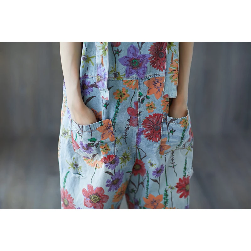 THE NLMU 2018 Loose Floral Print Denim Overalls Women Autumn Casual Plus Size Flower Pattern Ankle-Length Pants for Girl JH58 Pants