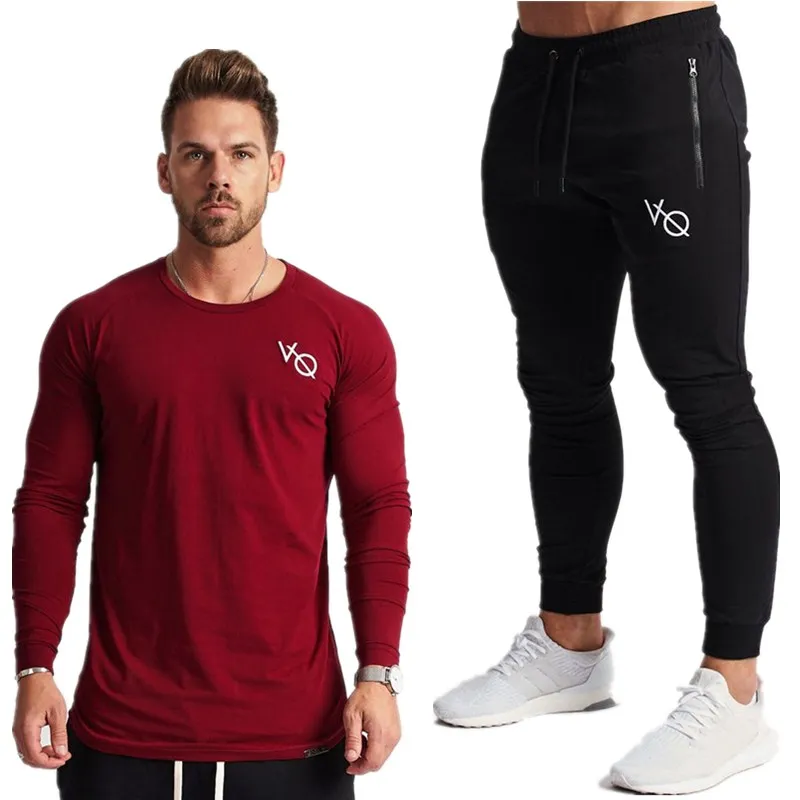 

New Tracksuit vq mens sports suits gym running 2 piece set track suit Vanquish Fitness jogging suit Bodybuilding sportswear