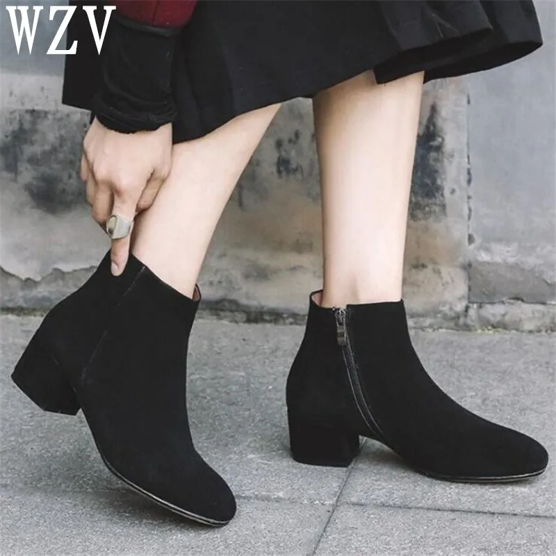 

Spring autumn Square Toe Low-heeled Sock Boots Suede Leather Short Ankle Boots for Women fashion High Heel Women Boots E248