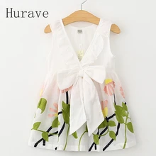 Hurave/платье для девочек с цветочным принтом; коллекция года; летнее платье для девочек с v-образным вырезом; жилет с вышивкой; детская одежда для малышей; Vestidos Menina