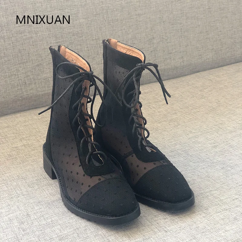 

MNIXUAN Handmade women shoes ankle boots spring mesh net boots 2019 new sheepsuede square toe medium heels short martin boots