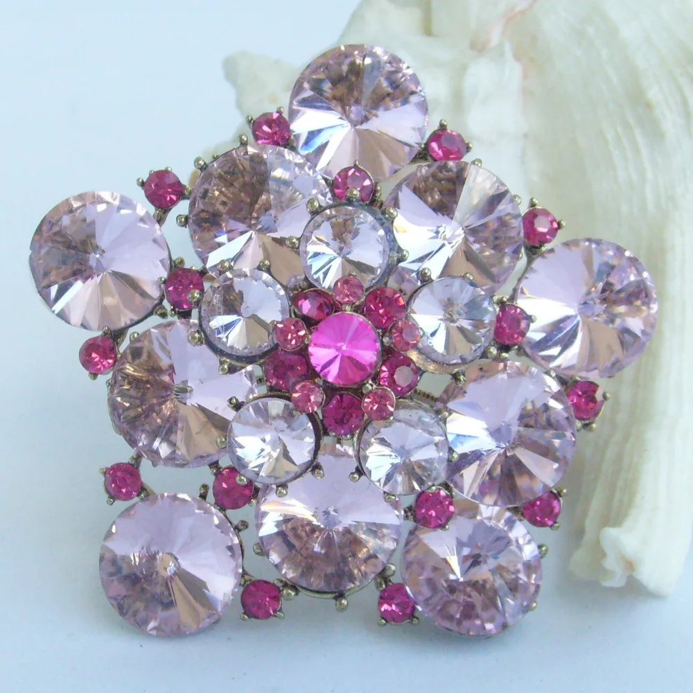2.36" Gold tone Pink Rhinestone Crystal Flower Brooch Pin EE06553C4in