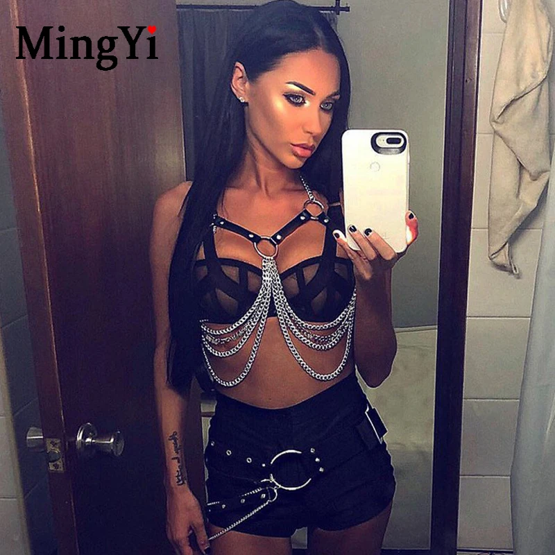

Sexy Silver Chain Bra Bralette Bodychain Leather Harness Bra Belt Gothic Halter Backless Crop Top Bra For NightClub Party Wear