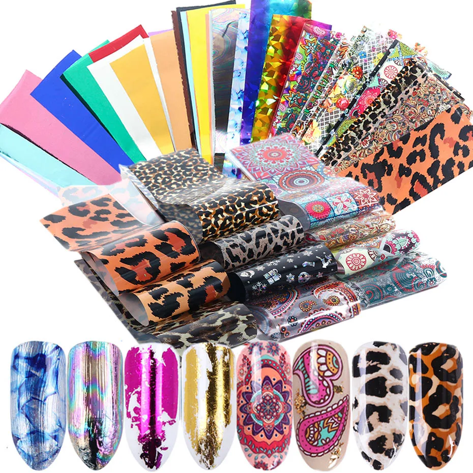 

50pcs Holographic Nail Foil Laser Leopard Flower Metal Transfer Foils Sticker Shinning Starry Sky Slider Decoration Decal JI1032
