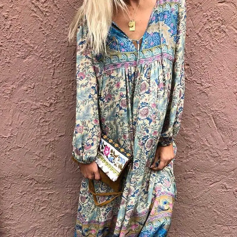 

Vintage Inspired boho dress long puff sleeve V-neck tied midi Spring Summer 2019 women dress floral peacock print rayon vestidos