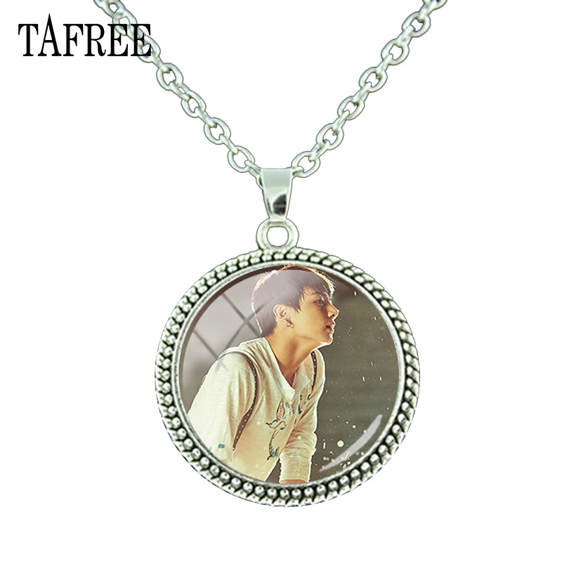 

TAFREE BTS Fashion Round Necklace long chain Pendant Necklace high quality Glass cabochon gem women Accessories jewelry BTS270
