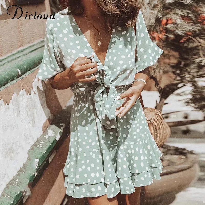 Billige DICLOUD Casual Blau Polka Dot Sommer Kleider 2019 Frauen Kurzarm Rüschen Party Strand Sommerkleid Mode Streetwear Mini Kleid