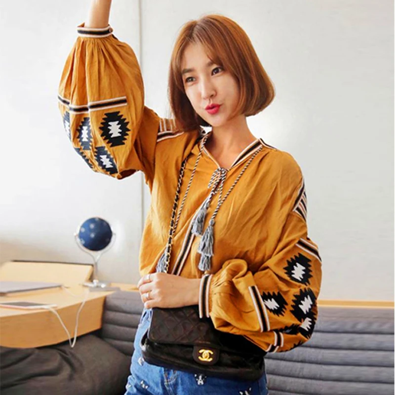 

YACKALASI Women cotton floral embroidered blouses tassel lantern sleeve loose Casual hippie women tops blouse and shirt