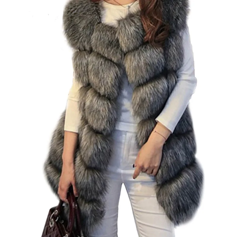 Dreawse, S-4XL, женский меховой жилет, зимний, теплый, из искусственного лисьего меха, жилет для женщин, высокого качества, с круглым вырезом, длинное, меховое пальто, кардиган, Mujer, MZ1657 - Цвет: Серебристый
