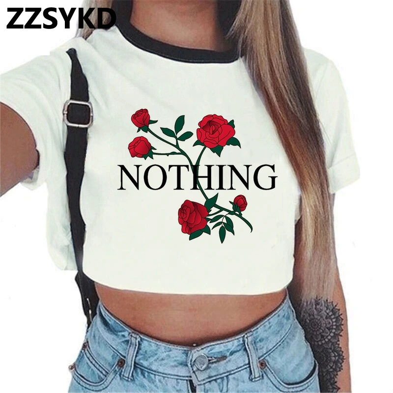 

Womens Tops And Blouses Summer 2018 Female Rose Flower Print Clothes Women Shirts Streetwear Crop Top White Blouse O Neck