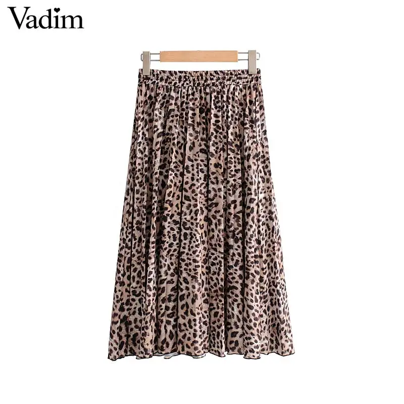 Vadim women stylish leopard print pleated skirt snake faldas mujer Drawstring tie elastic waist casual mid calf skirts BA108