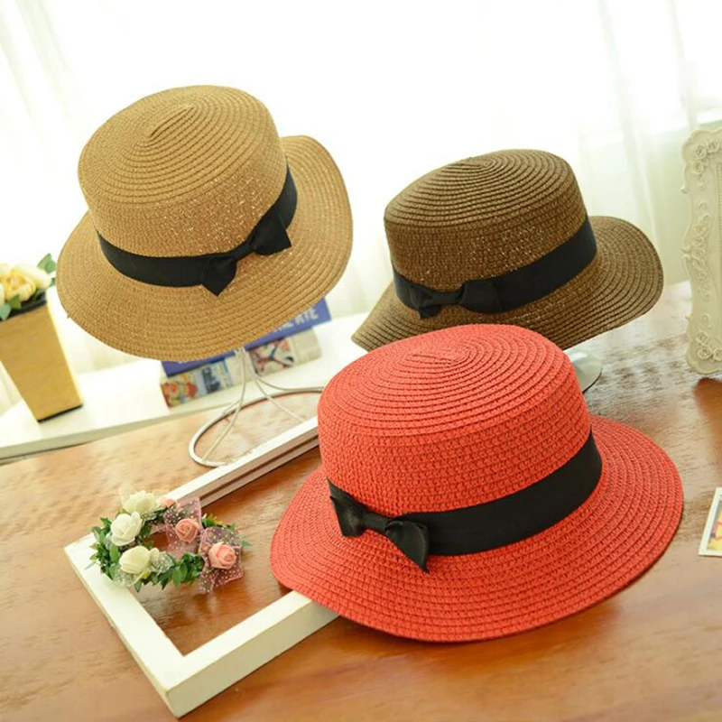 Summer Women Boater Beach Hat Casual Hat Ribbon Classic Bowknot Flat Sun Hat Women Fedoras Travel 