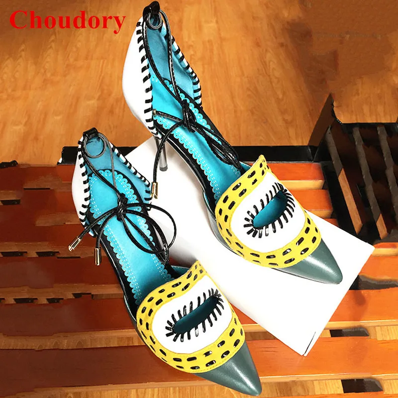 

Big Eyes Patchwork Elegant Women Pumps 2017 Summer Fashion Pointed Toe Cut Out Female Strappy High Heels Women Pumps Shoes