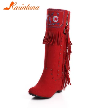 

KARINLUNA New Solid Height Increasing Black Fringe Shoes Woman Casual Autumn Bohemia Style Mid-Calf Boots Big Size 33-40