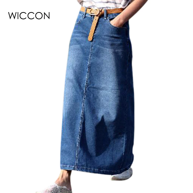 Tanie Moda wiosna jesień kobiety długa sp oacute;dnica denim dorywczo dżinsy jupiter maxi sp oacute;dnice niebieski kolor vintage jeans długość kostki sp oacute;dnice WICCON