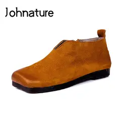 Johnature/Новинка 2019 г. осенне-зимние ботильоны из натуральной кожи с квадратным носком, на молнии, с бахромой, на плоской подошве, женская обувь