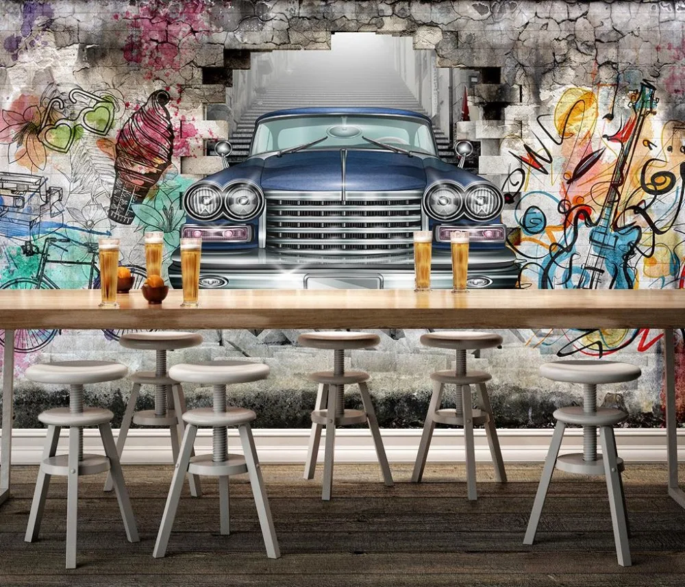 Goedkoop Home improvement graffiti muur 3D Behang Moderne Creatieve handgeschilderde oude auto 3D Muurschilderingen woonkamer Slaapkamer