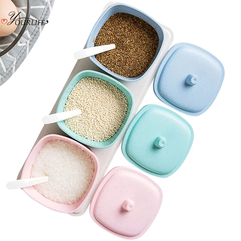

OYOURLIFE 3Pcs/set Natural Wheat Straw Seasoning Box Kitchen Spices Spice Jars Set Salt Pepper Cumin Powder Storage Container