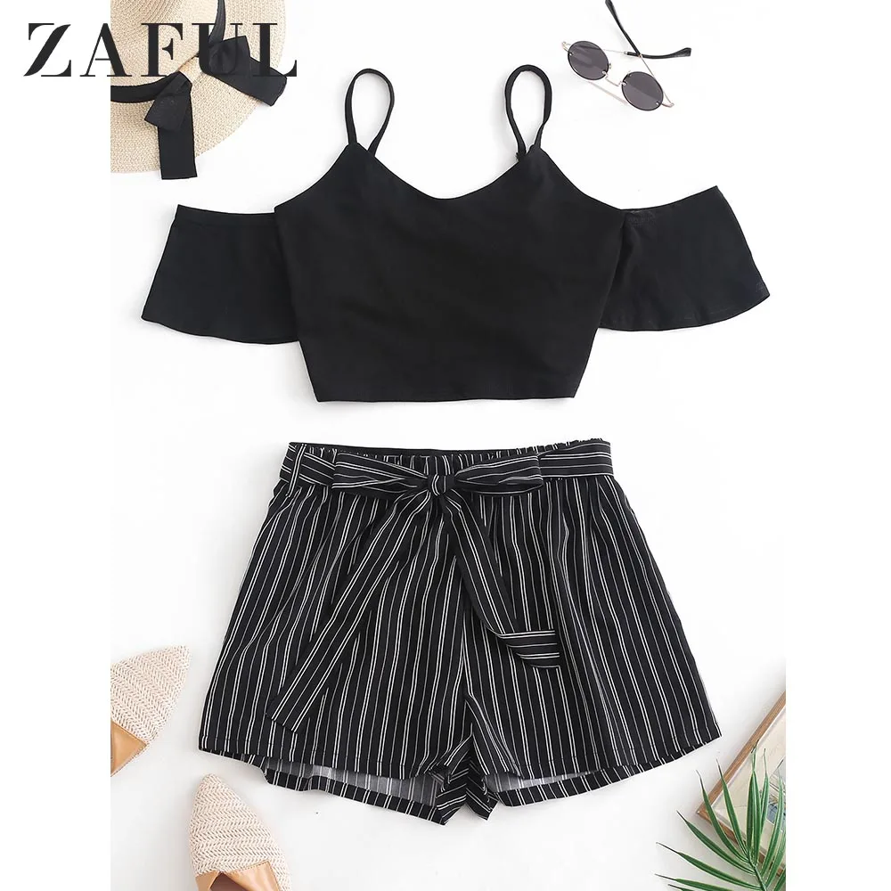 

ZAFUL Solid Cami Top and Striped Belted Shorts Set Cold Shoulder Short Sleeves Spaghetti Straps Tops Office Women Two Pieces Set