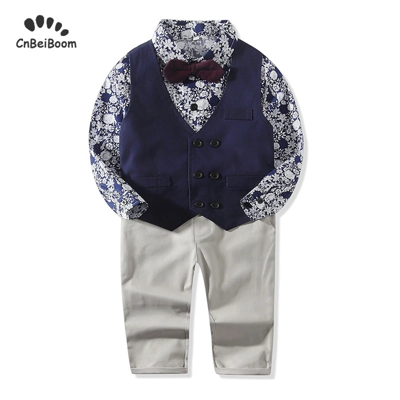 

2019 autumn Boys clothes set Printing Long Sleeve Shirt Waistcoat Pants tie bow 4pcs clothing sets infant 1-3T wedding dress