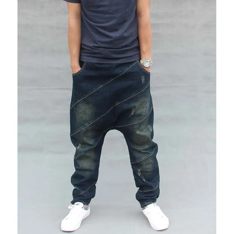 Trendy Loose Baggy Jeans Men's Casual Denim Pants Hip Hop Harem Jeans Elastic Waist With Drawstring Male Trousers Blue Plus Size