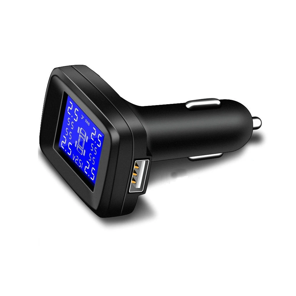 Car Tire Pressure Monitoring System Cigarette Lighter Plug TPMS LCD Display Waterproof 4 External Sensors USB Charging