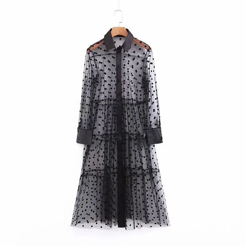 

Sexy Perspective Polka Dot Mesh Dress Women Long Sleeve Midi Shirt Dresses Summer Patchwork Transparent Sexy Dress