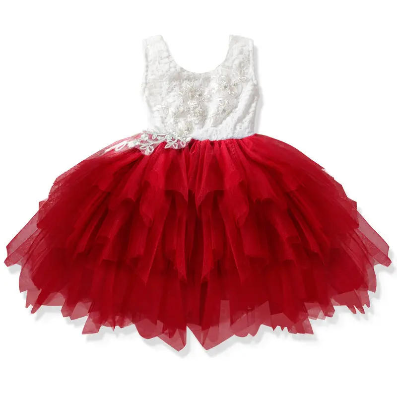 Осень кружевное многослойное нарядное платье маленькой принцессы зима V-back цветочные платья Рождественская праздничная одежда для девочек roupa bebes infantil - Цвет: red tutu dress