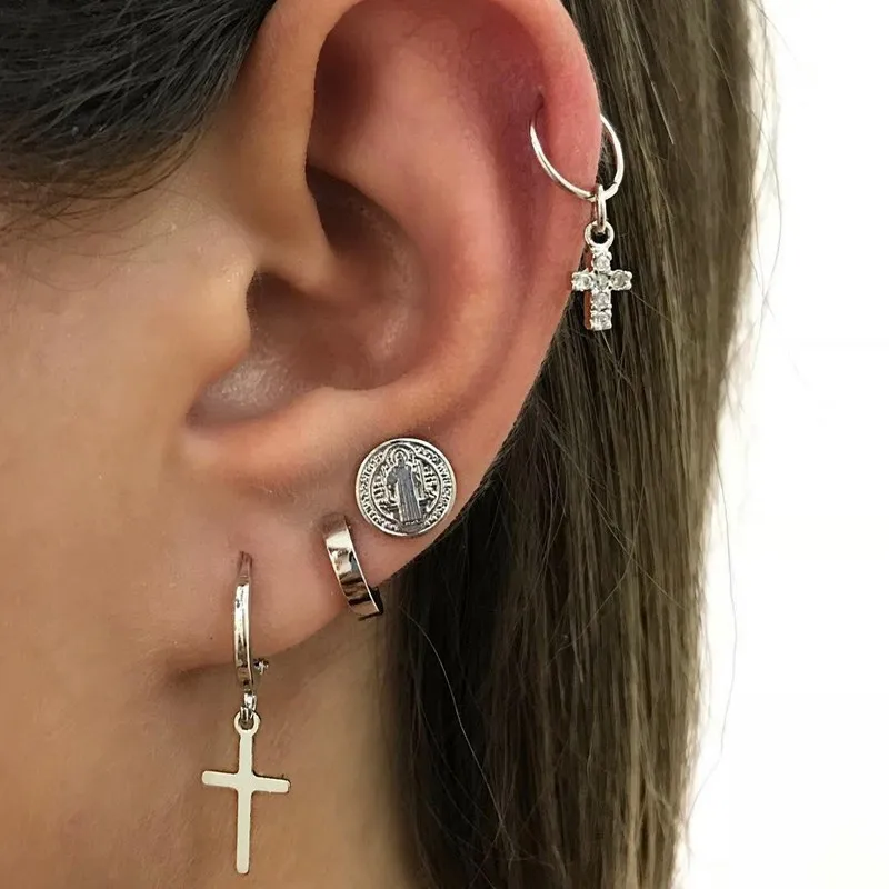

Vintage Virgin Mary Crystal Cross Drop Earrings Women Charm Silver Color Glitter Pendant Circle Earrings Jewelry 2019