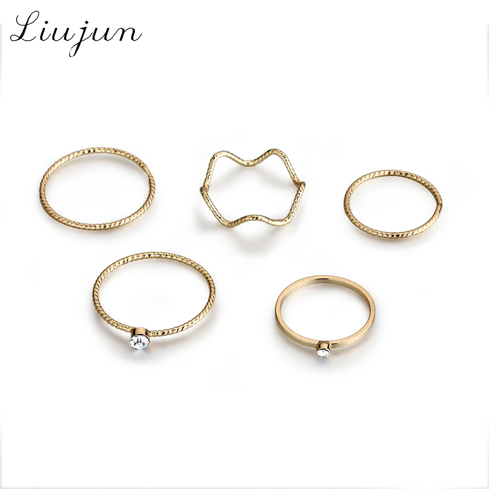 

2017 liujun gold color Shape Mix Midi Ring Set Anillos Anel Masculino Mujer Crystal Knuckle Rings for Women Man 5PCS/Set jewelry