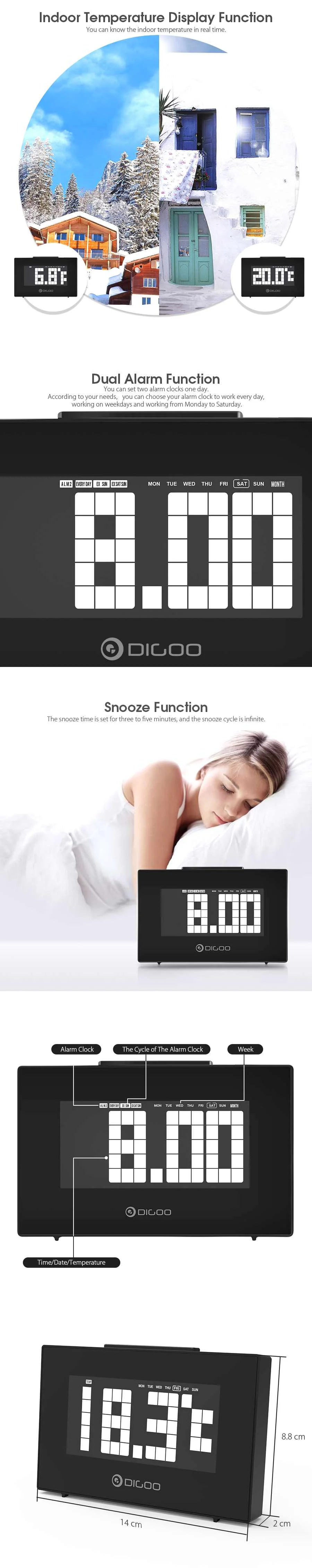 Digoo DG-C9 многофункциональный решетки время повтора будильника автоматически температура цифровой будильник с подсветкой HD lcd