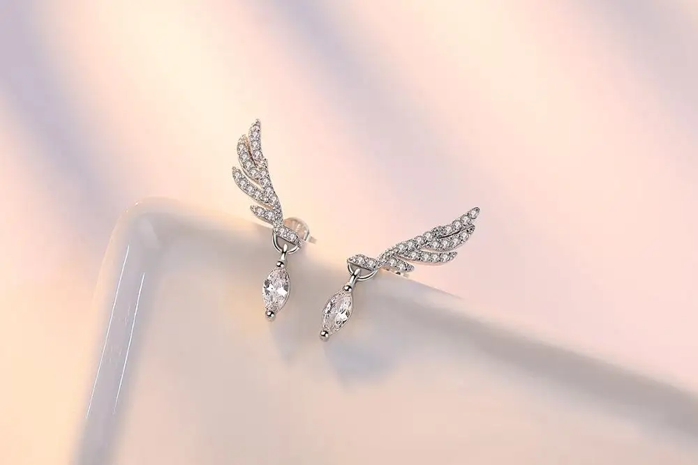 Luxury Brand Trendy Angel Wings Earring Studs Silver Statement Cubic Zirconia Earrings Fashion Earing for Women Oorbellen