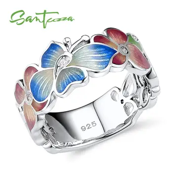 

SANTUZZA Silver Ring For Women 925 Sterling Silver Fashion Flower Rings for Women Cubic Zirconia Ringen Party Jewelry Enamel