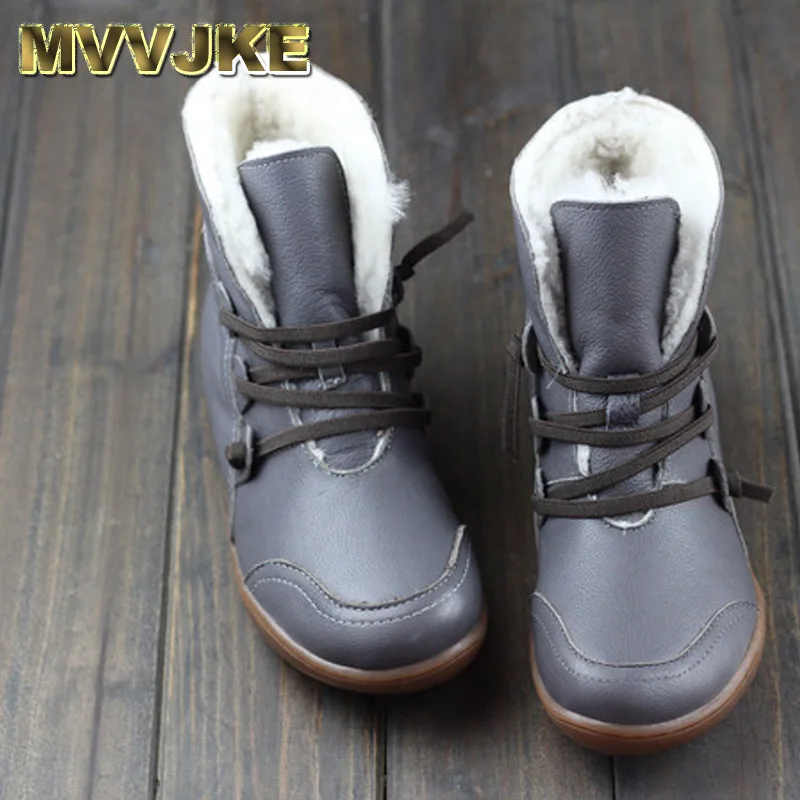 

MVVJKE Women's Boots Winter Shoes Wool Genuine Leather Shoes Round toe Lace up Ladies Ankle Boots Female Footwear