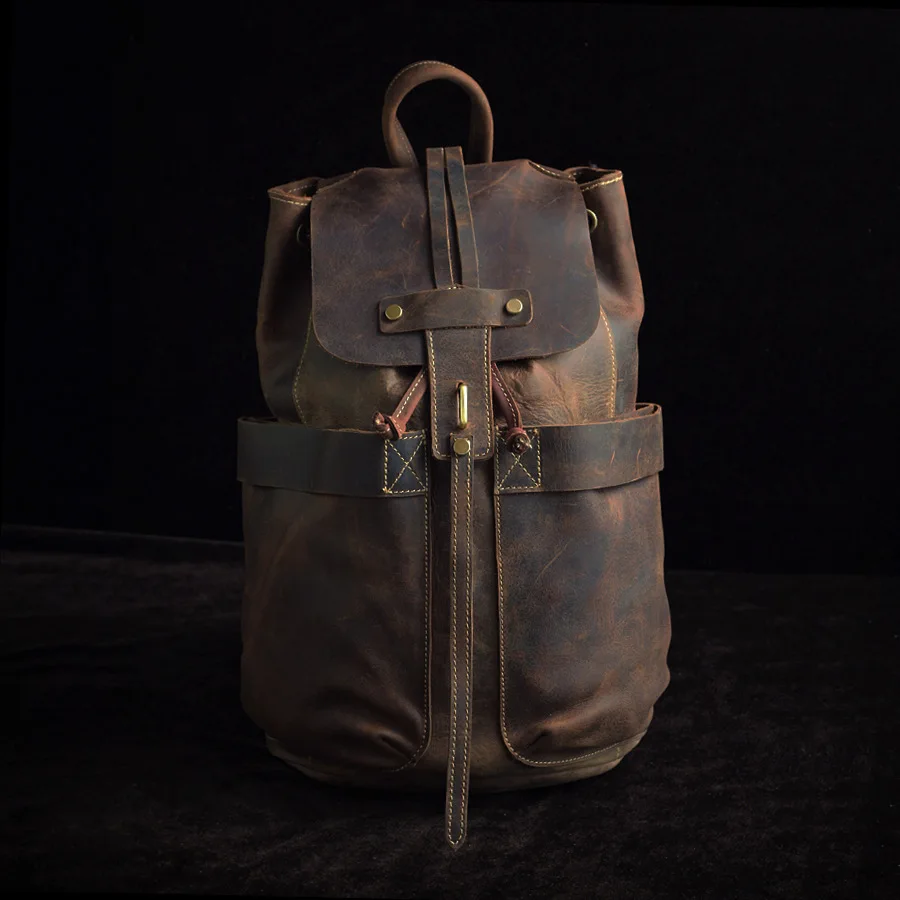 

2017 Vintage Unisex all genuine leather backpack Cow leather men/women high-capacity bucket cover string opening knapsack