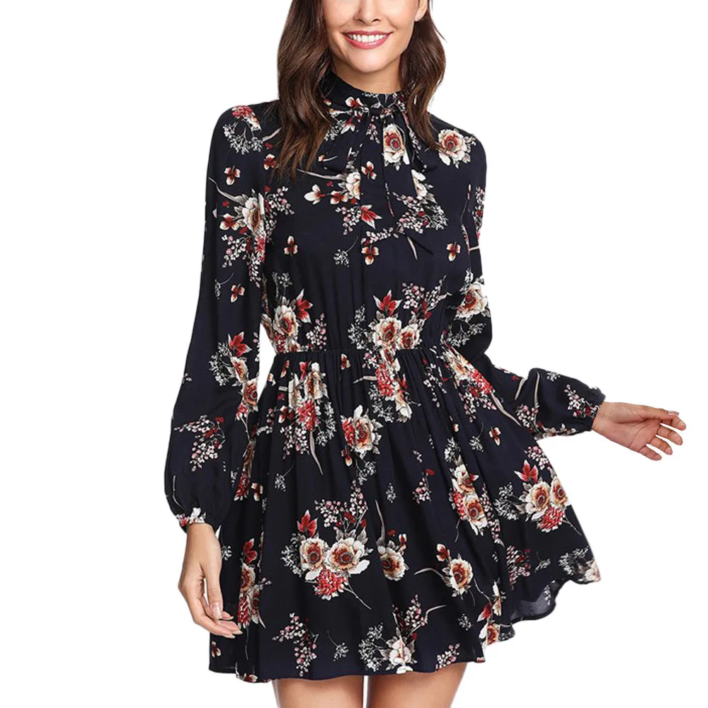 

New Robe Women Dress Fashion Print Zippers Vestidos De Fiesta Loose Long Sleeve Lace Up Ladies Dresses