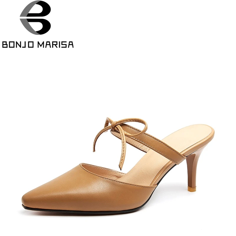 BONJOMARISA 2018 New Brand Genuine Leather Summer Mules Bow Concise Sexy Pumps Pointed Toe Big Size 33-43 High Heels Shoes Woman bonjomarisa 2018 summer brand sexy women mules print patent leather pumps crystal high heels party wedding shoes woman