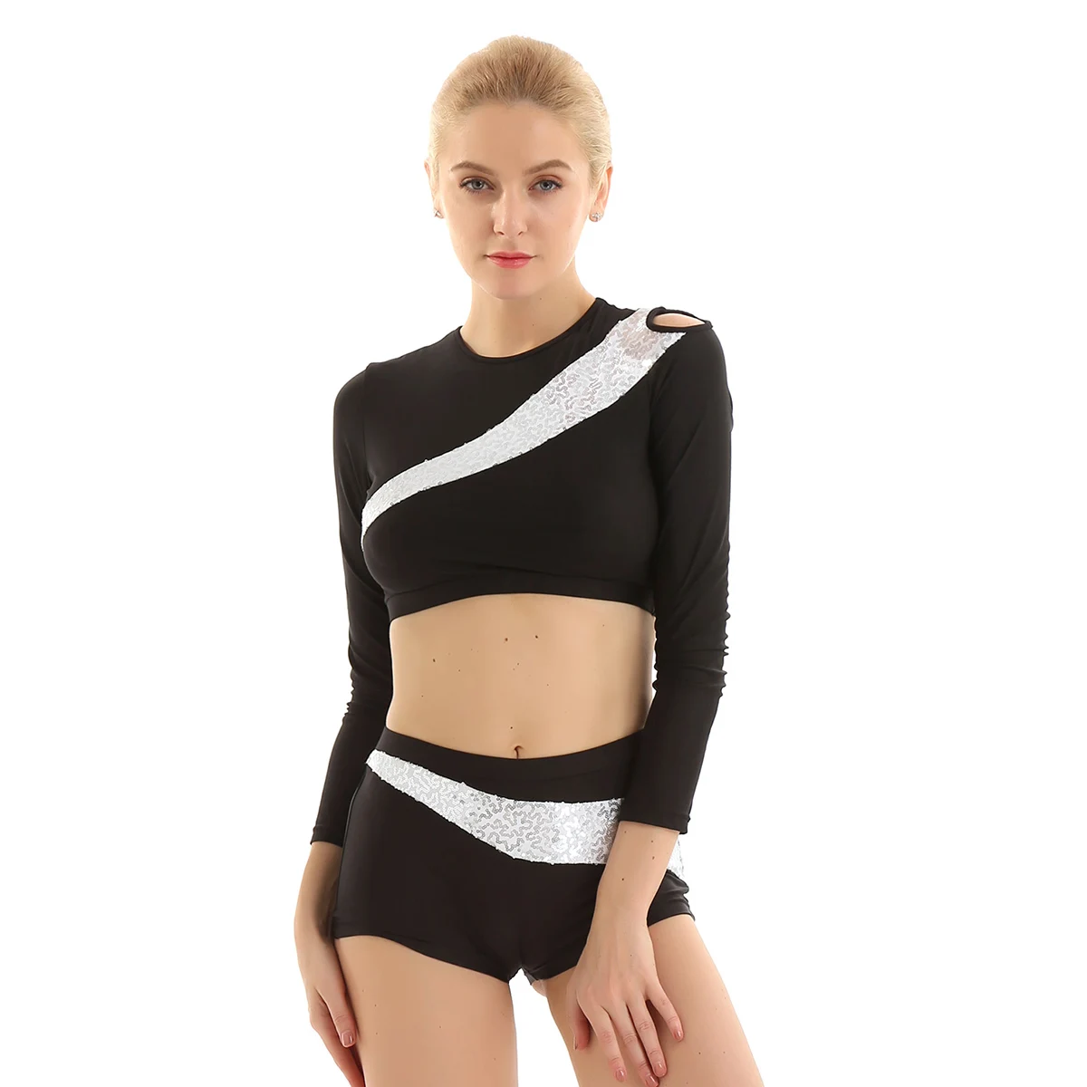 ChicTry Women Shiny Sequins Team Competition Rave Dance Costume Long Sleeves Gymnastics Crop Tops Shorts Set Fitness Dancewear