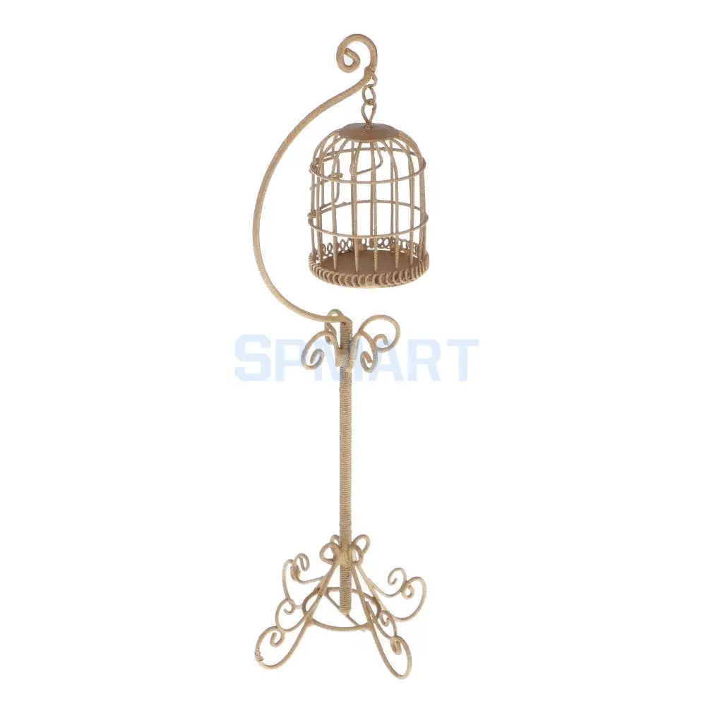  1:12 Scale Vintage Metal Bird Cage with Holder Stand Dollhouse Miniature for 12th Dolls House Decoration Accessories