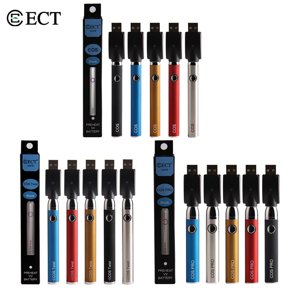 

ECT Series 510 Thread Preheat Battery Cos Pro EVOD Cos Buttom Twist VV Preheating for Vape CBD Oil Cartirdge Vaporizer Pen Kit