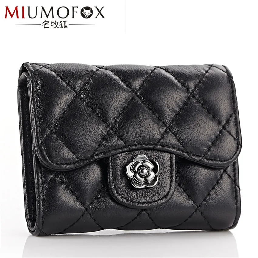 

Genuine Leather Sheepskin Card Pocket Female Short Criss-Cross Purses 2019 Solid Mini Metal Flower Hasp Wallets For Women W71