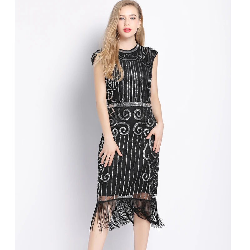 

1920s Vintage Inspired Sequin Embellished Fringe Long Gatsby Flapper Dress O-Neck Cap Sleeve Geometric Fancy 20s Party Dress