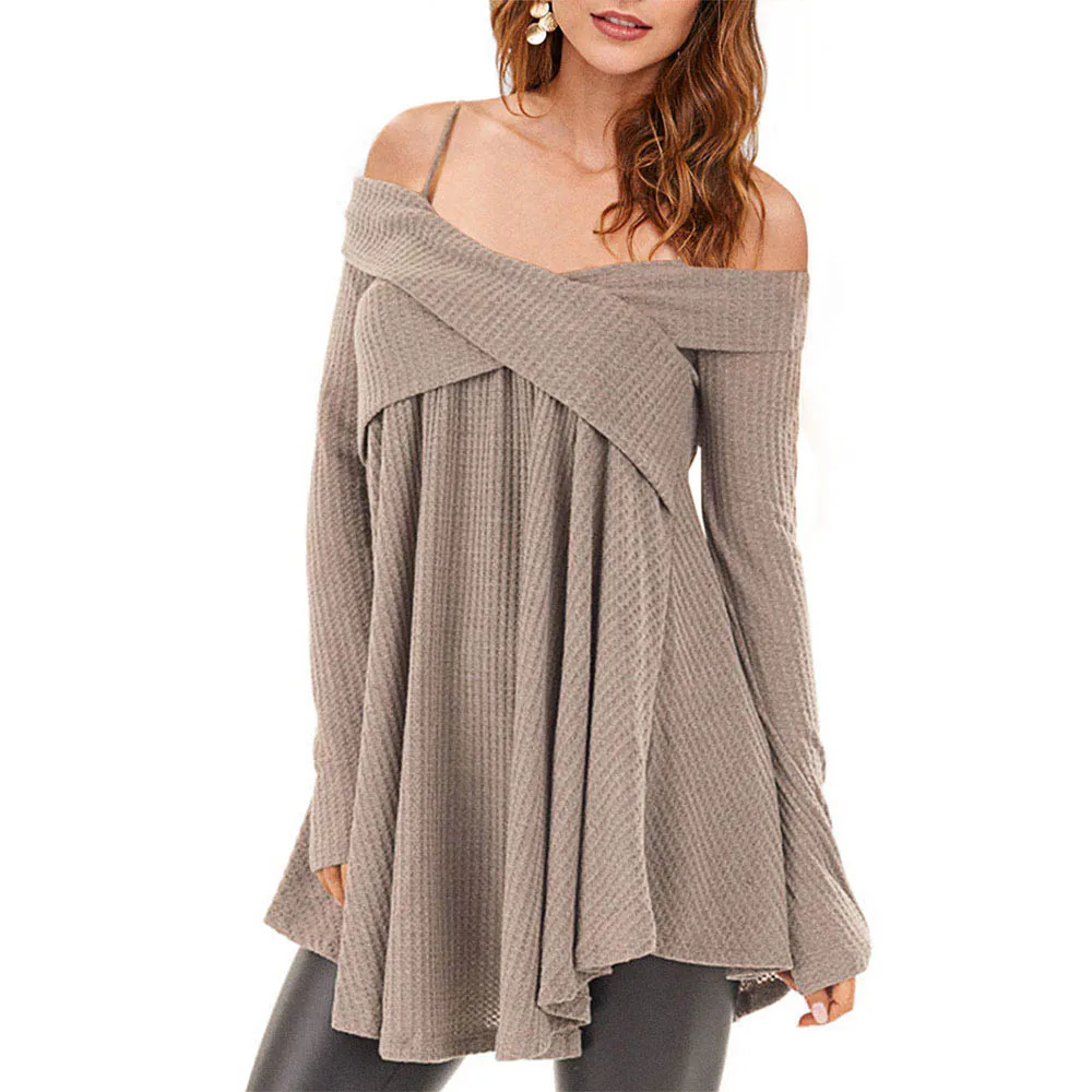 

ZAFUL Cold Shoulder Crisscross Tunic Sweater Casual Solid Spaghetti Strap Long Sleeve Pullover Jumpers Ladies Tops Pull Femme