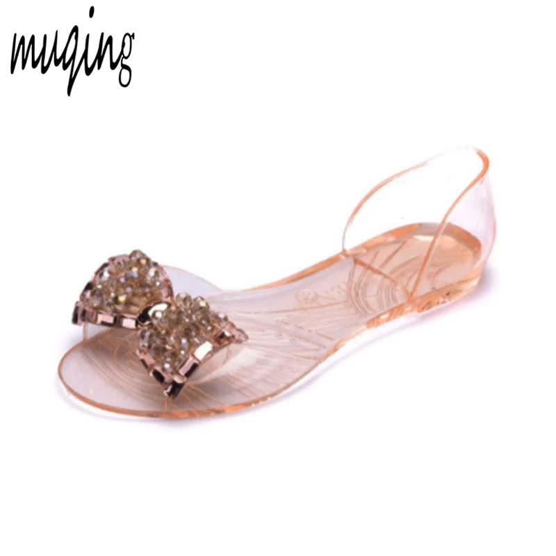 

PVC Summer Jelly Shoes Transparent Sandals Bling Crystal Bowknot Womens Peep Toe Comfortable Bowtie Casual Flats Shoes