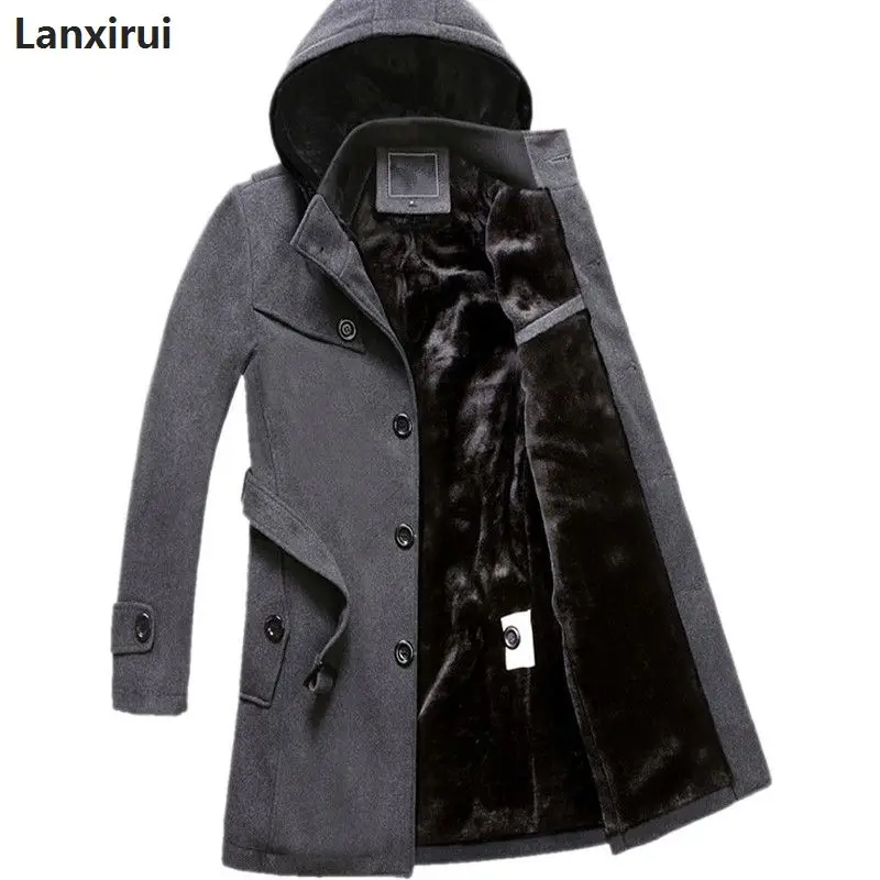 Зимнее мужское шерстяное пальто с капюшоном, мужское однобортное плотное бархатное теплое длинное пальто, мужское длинное шерстяное пальто, куртка 4xl размера плюс