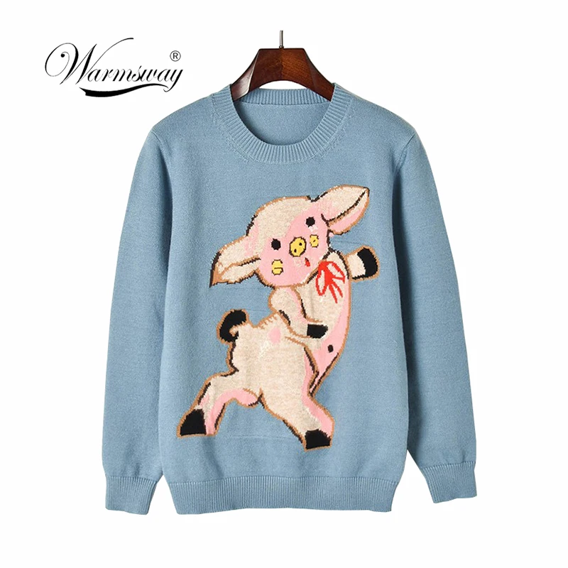 2019 New Runway Jacquard Knitted Pullover Blue Cute Pig Pattern Sweet Knitted Sweater Fashion Jumper sueter mujer  C-075