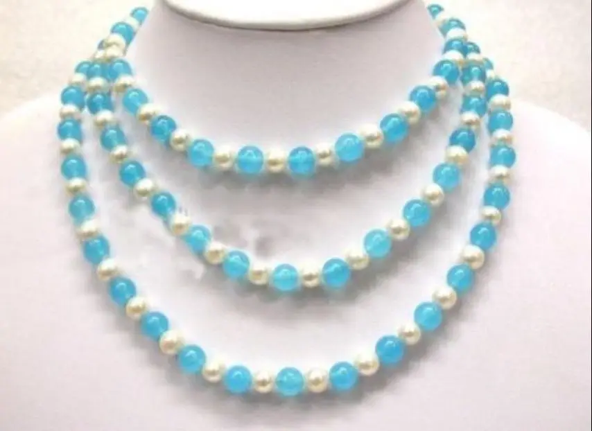 

~! Infinite charm 7-8mm White Akoya Pearl Turquoise Necklace 50 '' WW