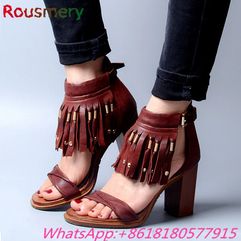 Hot Sales Colorful Woman Square High Heels Sandals Summer Plus Size Open Toe Fringe Party Woman Shoes Cover Heel Zapatos Mujer