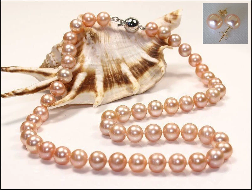 

HUGE AAA 10-11MM PERFECT ROUND SOUTH SEA GENUINE GOLD PINK PEARL NECKLACE earring set 18 "